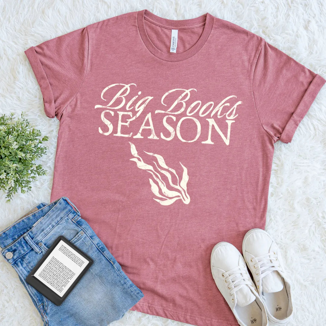 bookish vintage-style summer reader shirt featuring Big Books Season slogan on heather mauve fabric