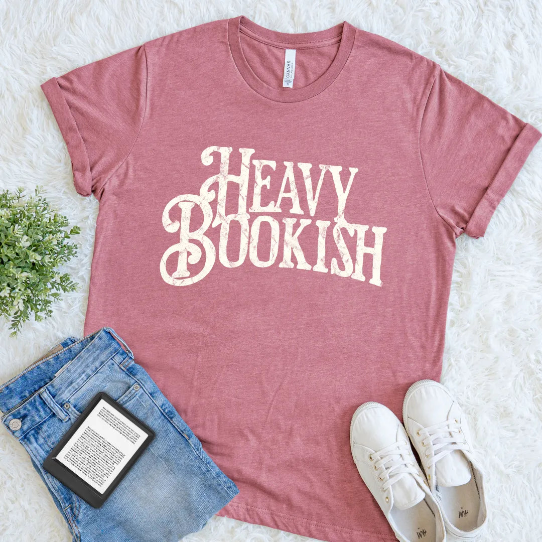Cozy pink book lover T-shirt with distressed cream Heavy Bookish lettering