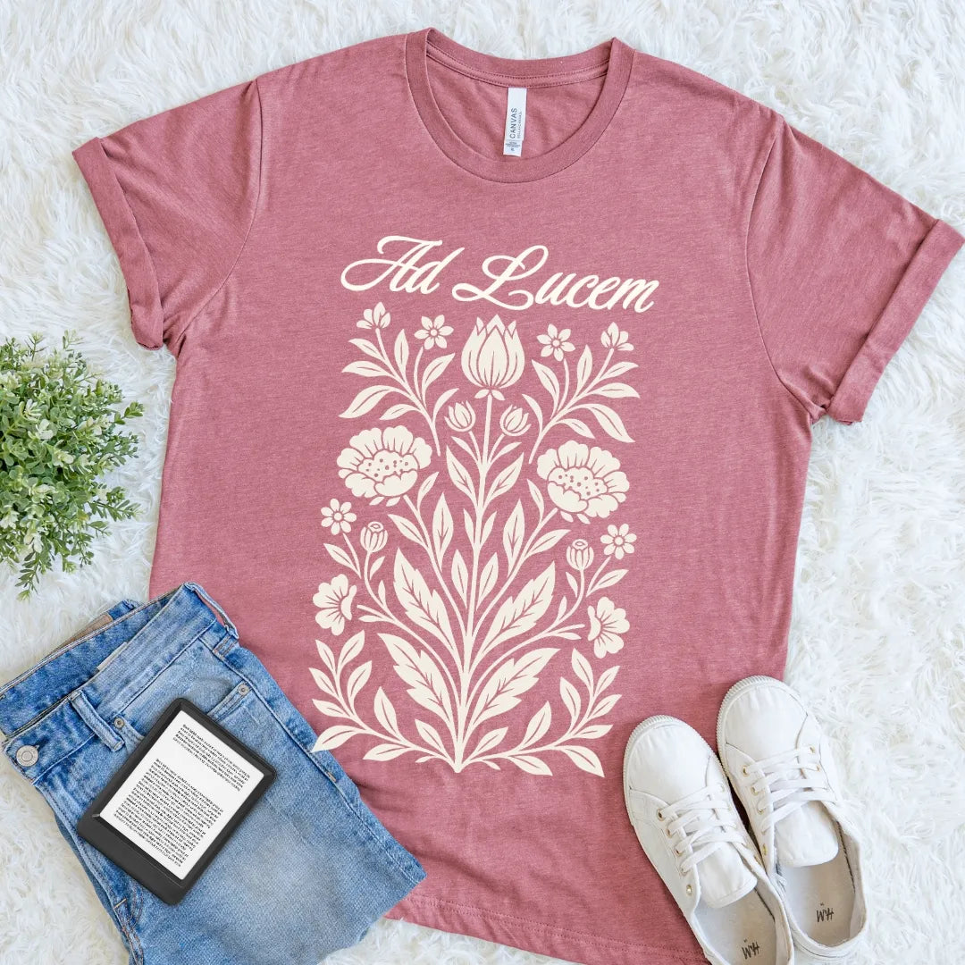 Heather Mauve Ad Lucem botanical T-shirt featuring delicate vintage florals and elegant Latin typography, a softly intellectual tee for thoughtful optimists.