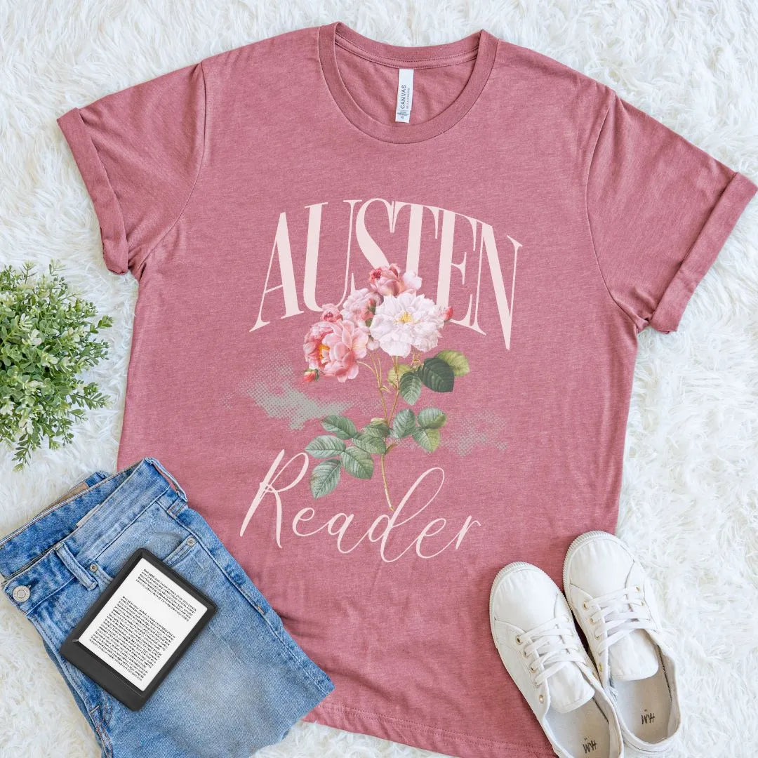 Aesthetic reading themed T-shirt with vintage floral illustration and Austen reader text in heather mauve