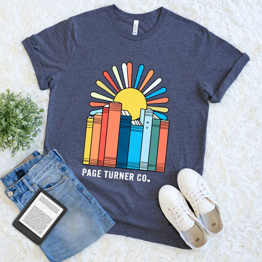 Page Turner Co. design with books and stylized sunshine