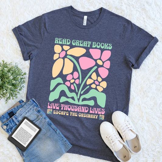 read great books live thousand lives boho floral tee