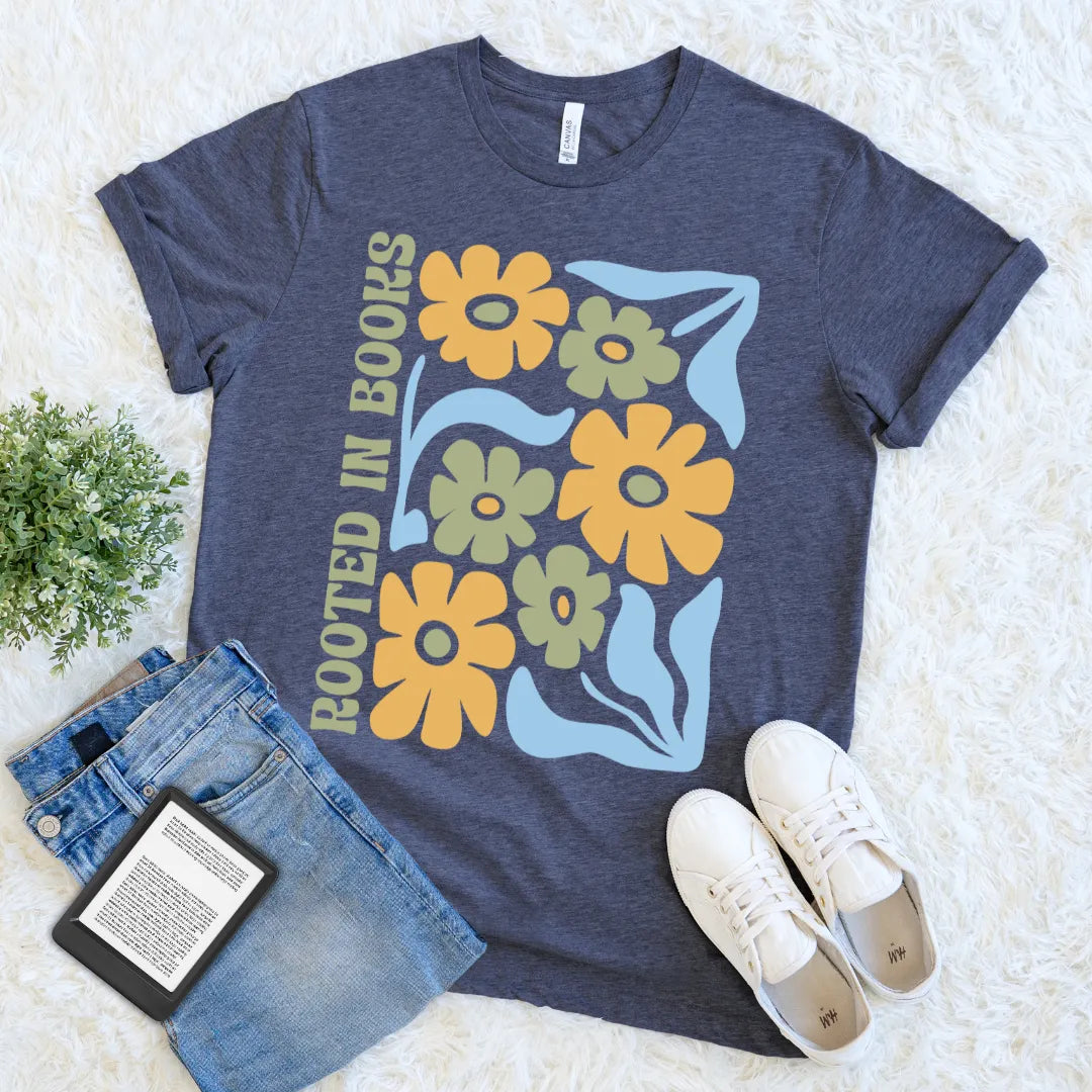 rooted in books t-shirt with vintage flowers