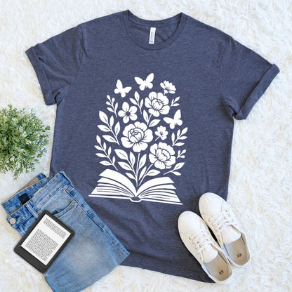 Literary aesthetic shirt with open book floral print in heather blue