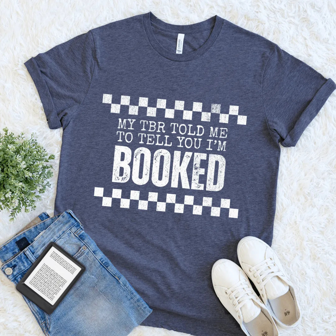 heather navy T-shirt for bookworms featuring witty TBR message in distressed font