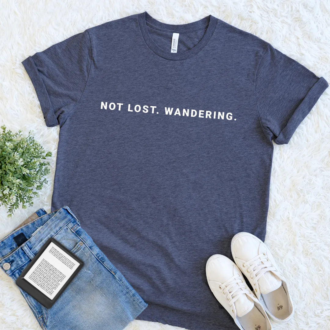 Heather Navy Not Lost Wandering literary T-shirt with clean understated typography, a minimalist book lover graphic tee for readers who follow every interesting thought.