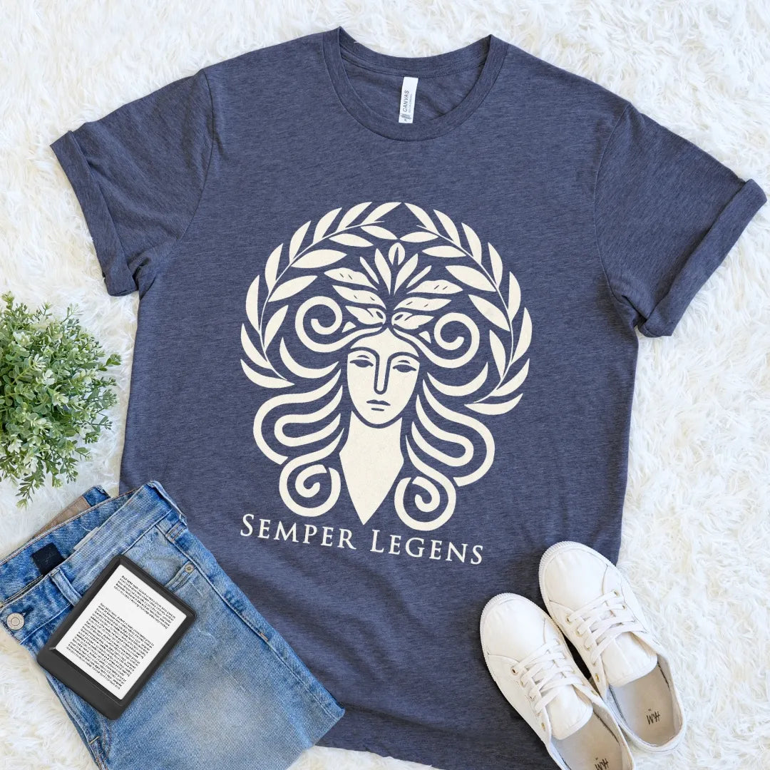 Heather Navy Always Reading graphic tee featuring an elegant mythic female portrait framed by horns and botanical leaves