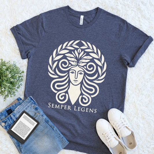 Heather Navy Always Reading graphic tee featuring an elegant mythic female portrait framed by horns and botanical leaves