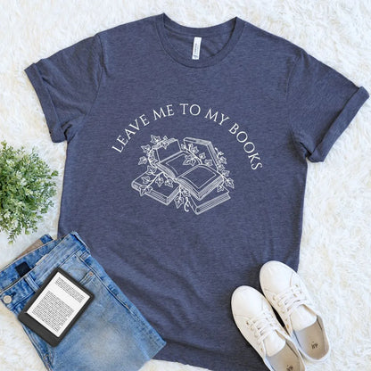 heather navy reader shirt with 'Leave Me to My Books' design on a light background