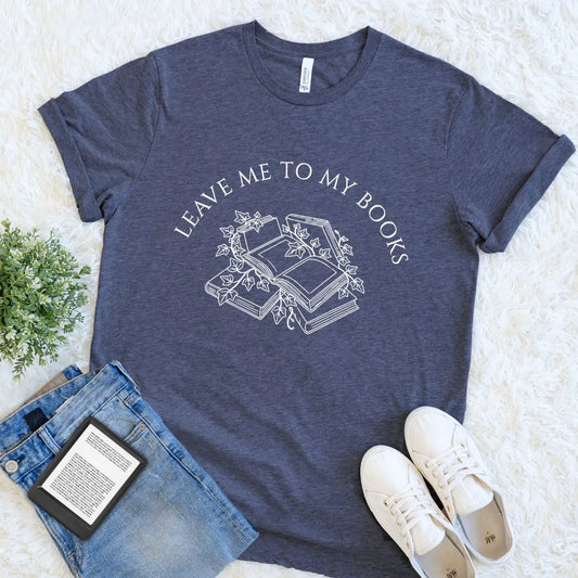 heather navy reader shirt with 'Leave Me to My Books' design on a light background