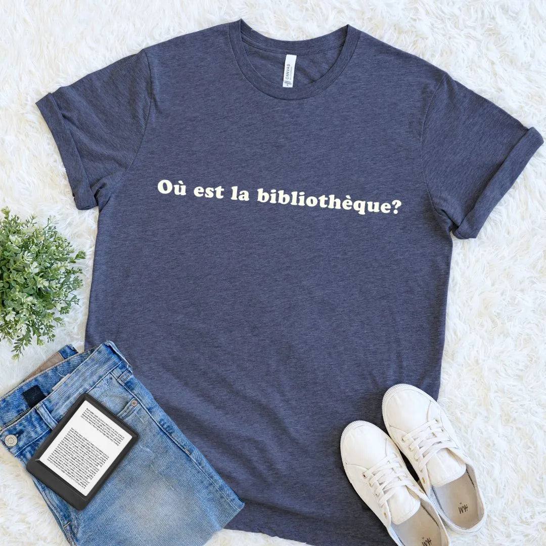 Retro-inspired literary shirt with French bookstore aesthetic text on heather navy fabric