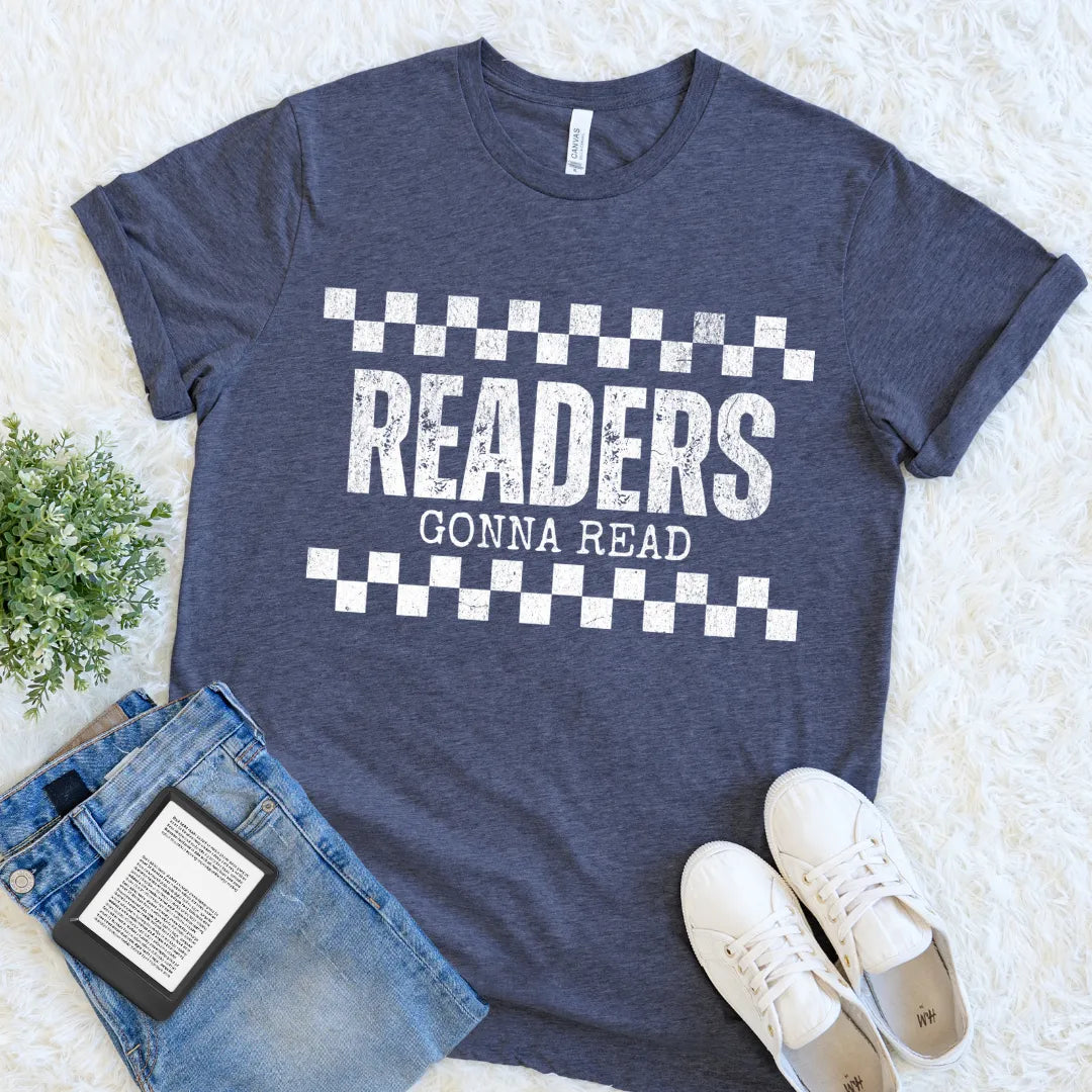 Book lover shirt in heather navy with  a "readers gonna read" bookish motto,  literary humor tee perfect for bookworms and introvert readers