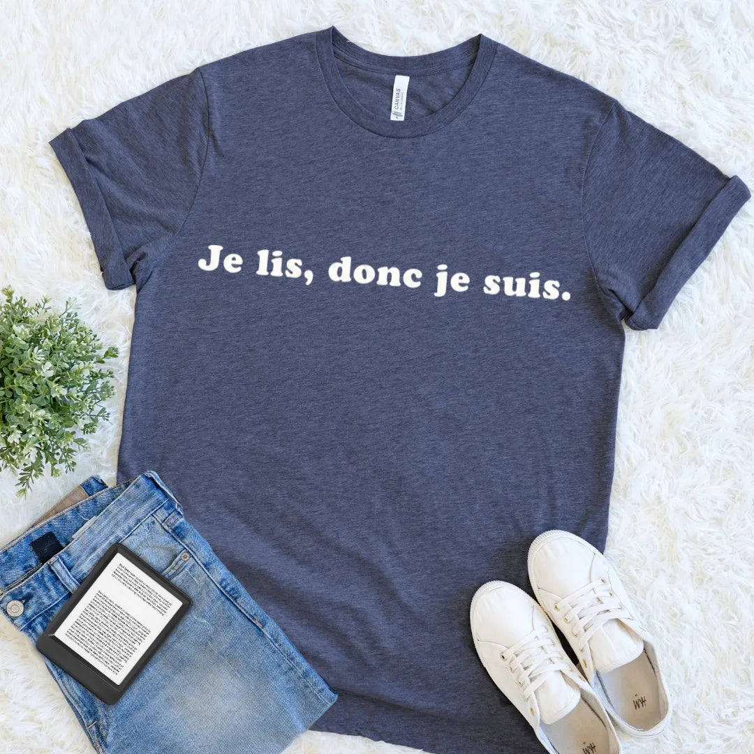 Heather navy Francophile T-shirt pairing understated French typography with a clever Descartes-inspired reading slogan