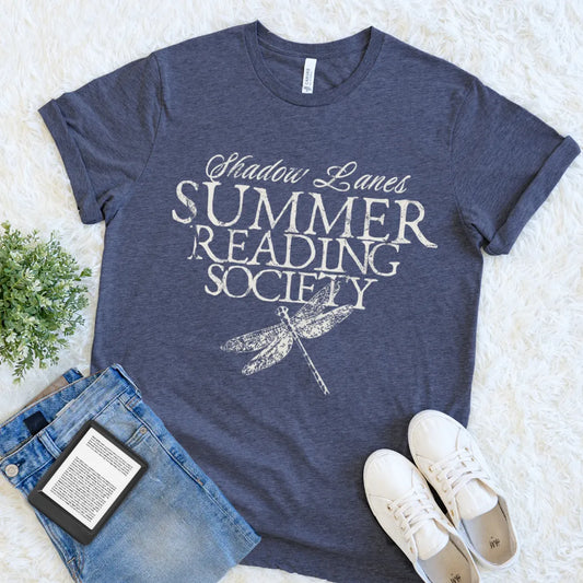 Vintage-style reader shirt featuring typographic summer reading design with insect graphic 
