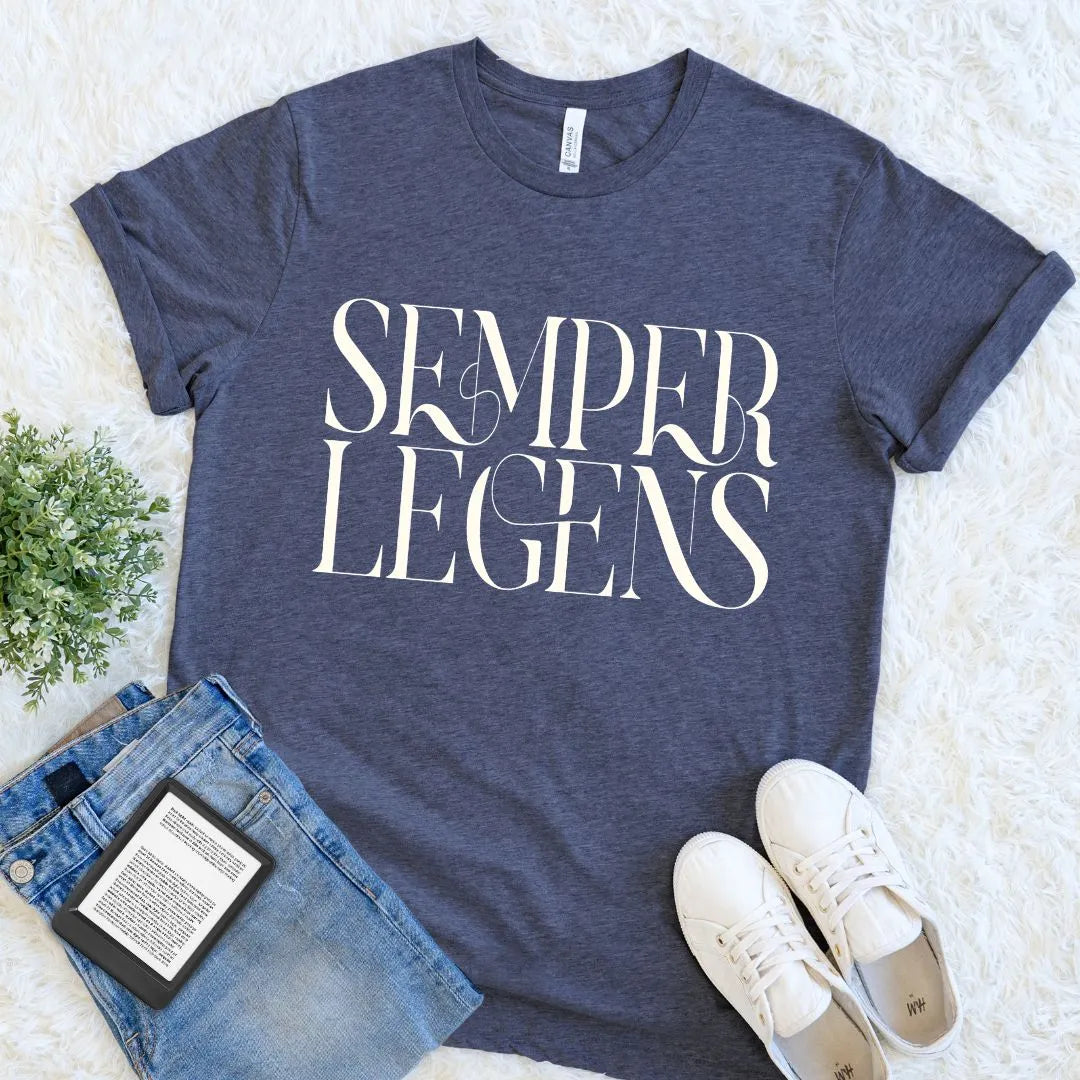 Minimalist literary shirt with Semper Legens design for book lovers on heather navy fabric