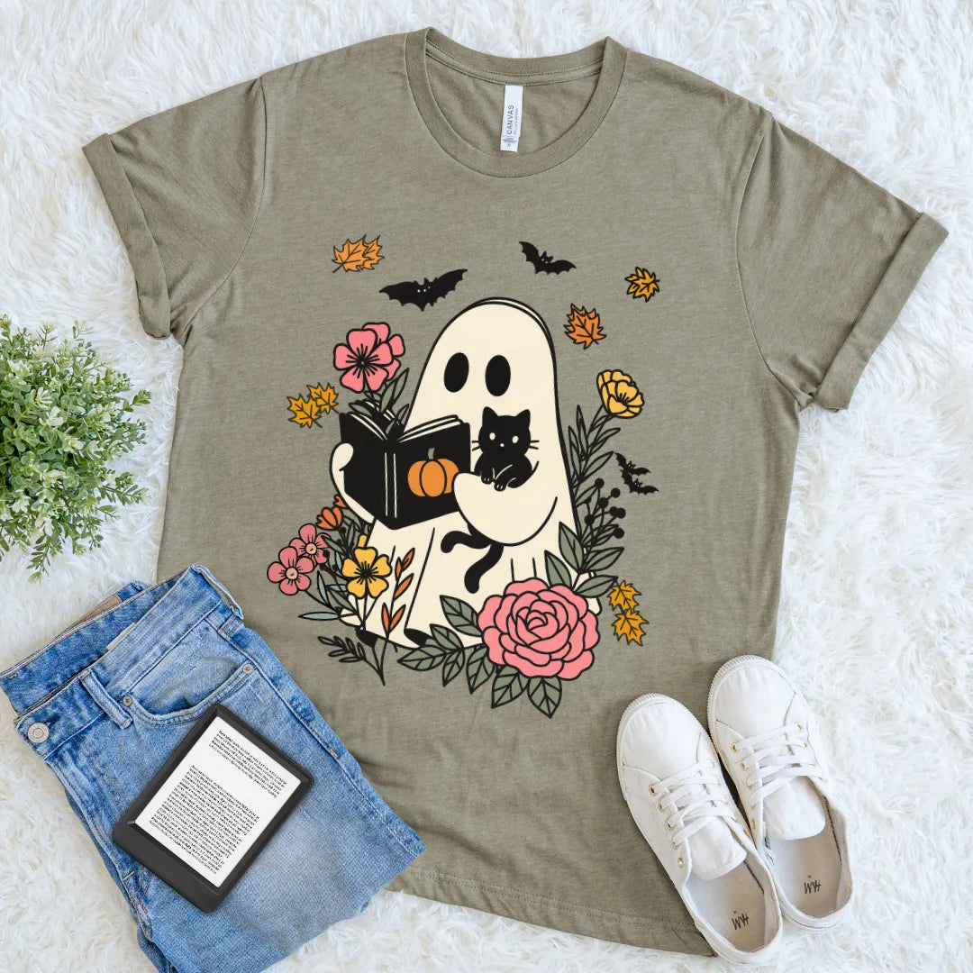 Bookish halloween tee with cute ghost and cat reading design with floral and bat accents 