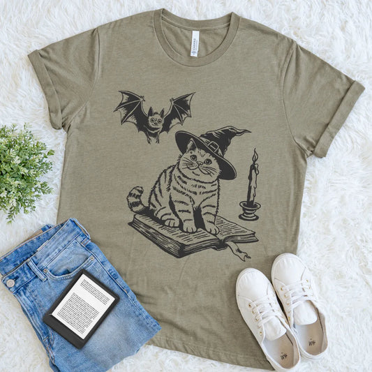 vintage halloween cat in witch hat on book t-shirt