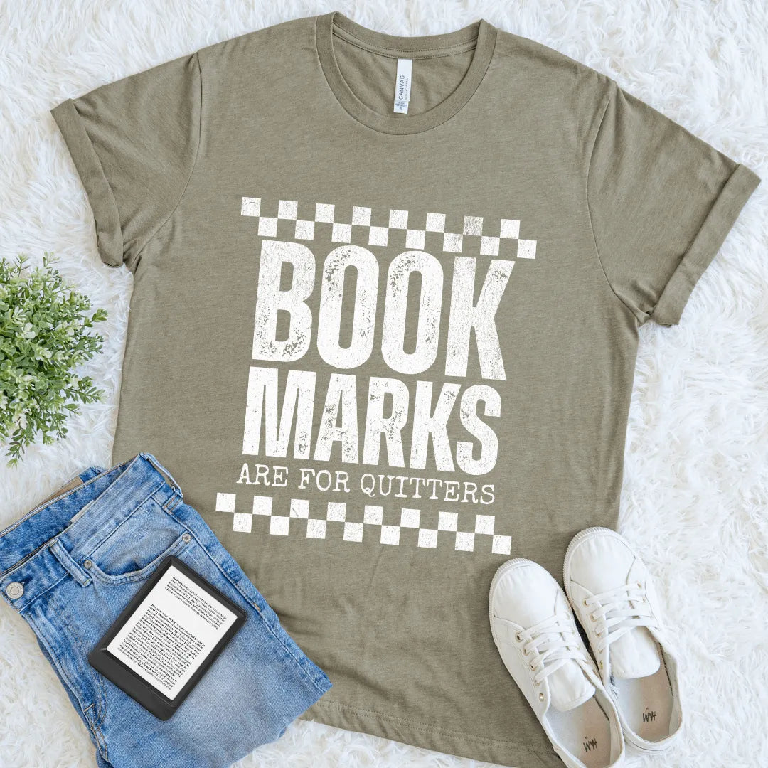  heather olive funny bookish shirt with race flag-style graphics and anti-bookmark humor