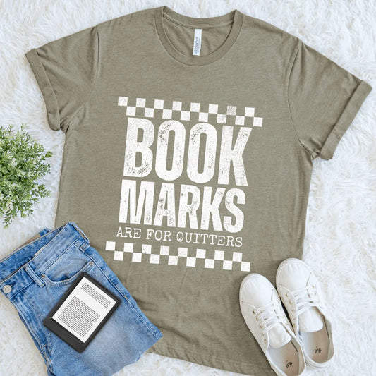  heather olive funny bookish shirt with race flag-style graphics and anti-bookmark humor