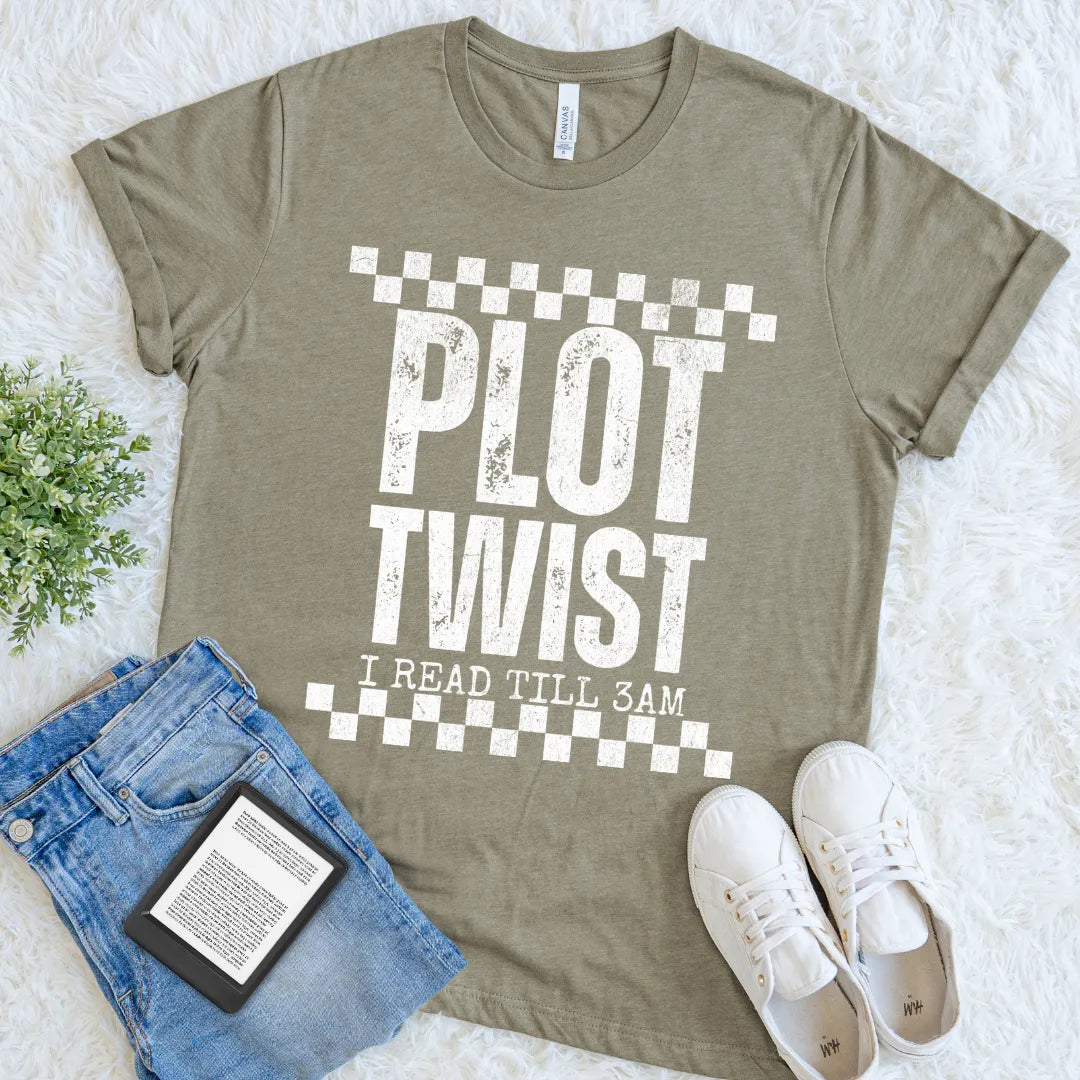 book lover shirt in heather olive green  with 'Plot Twist I Read Till 3AM' text, paired with jeans and sneakers on a light background for bookish style
