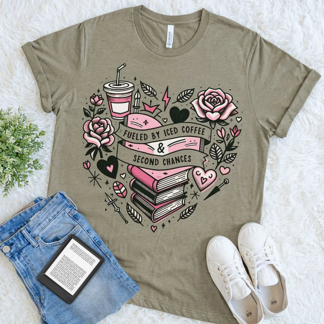 soft book lover t-shirt in heather olive green with iced coffee and second chances tattoo theme