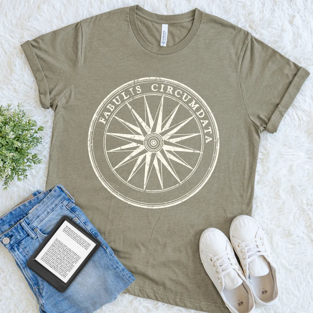 Heather Olive Latin book lover tee featuring a vintage cartography emblem and understated Fabulis Circumdata lettering