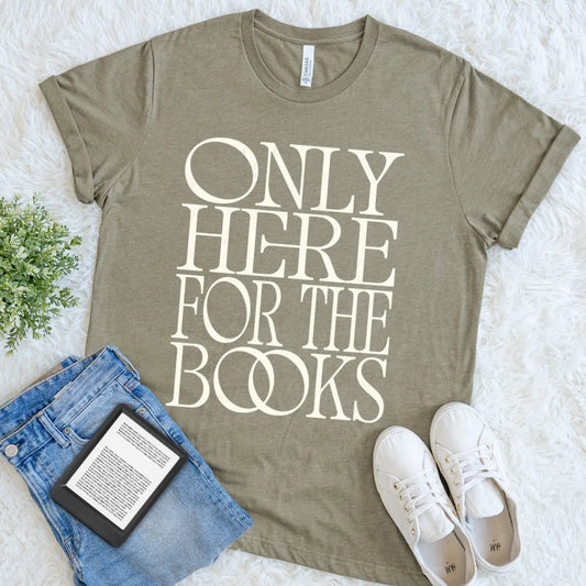 Heather olive book lover tee featuring tall editorial lettering for bookstore wanderers and devoted readers
