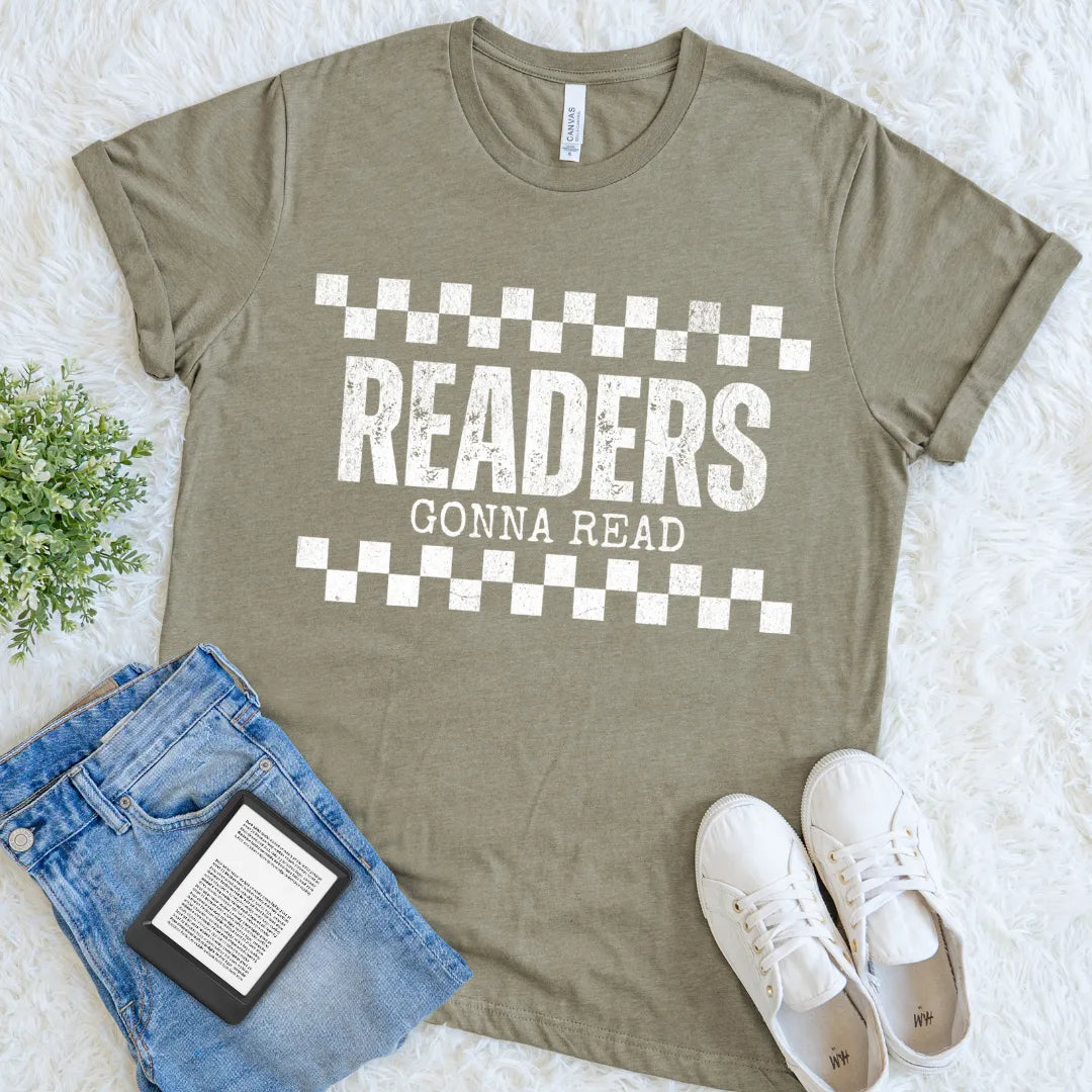 Book lover shirt in  heather olive featuring a "readers gonna read" statement   styled with denim for cozy bookish outfit