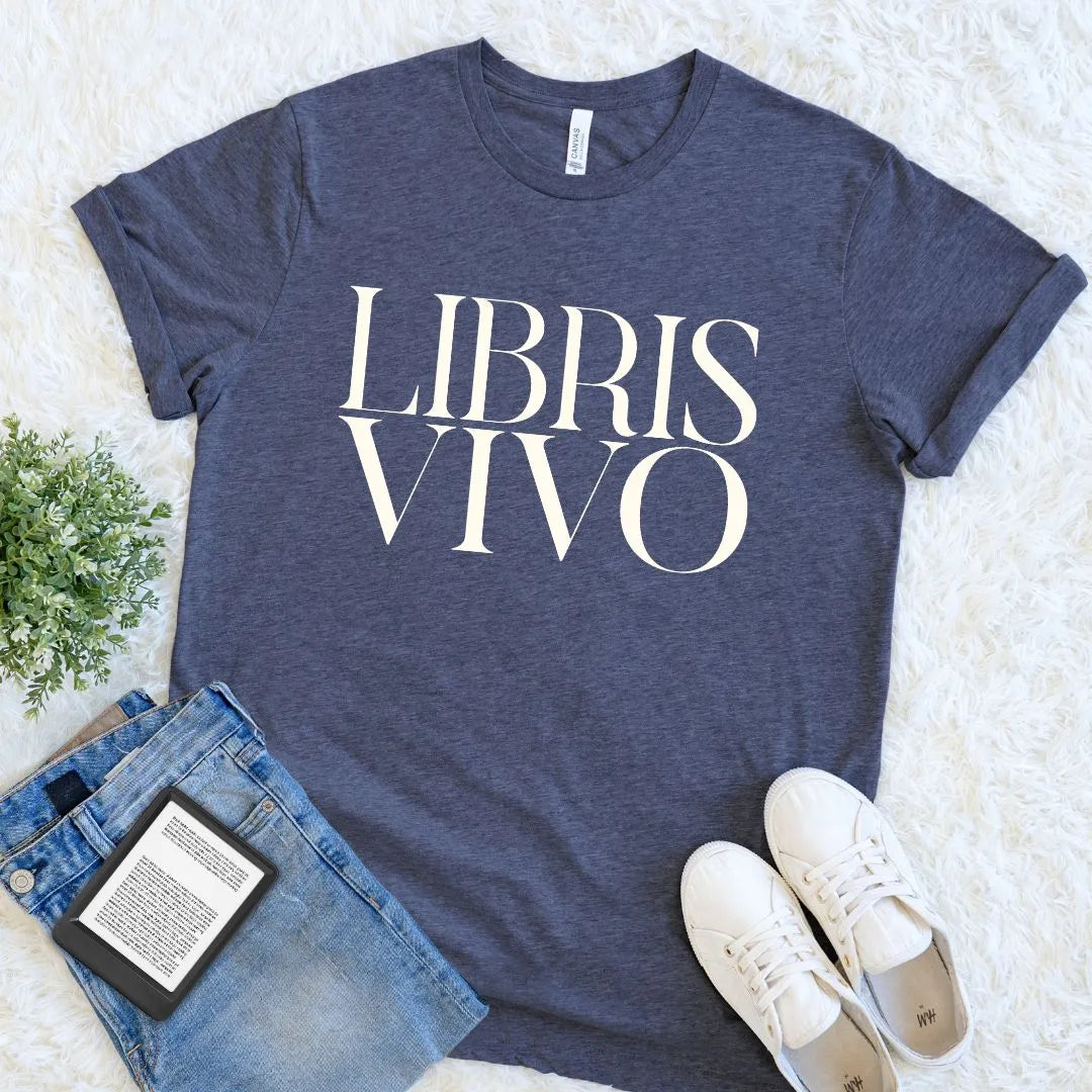 Heather navy literary tee with minimalist I Live Through Books Latin design for classic readers