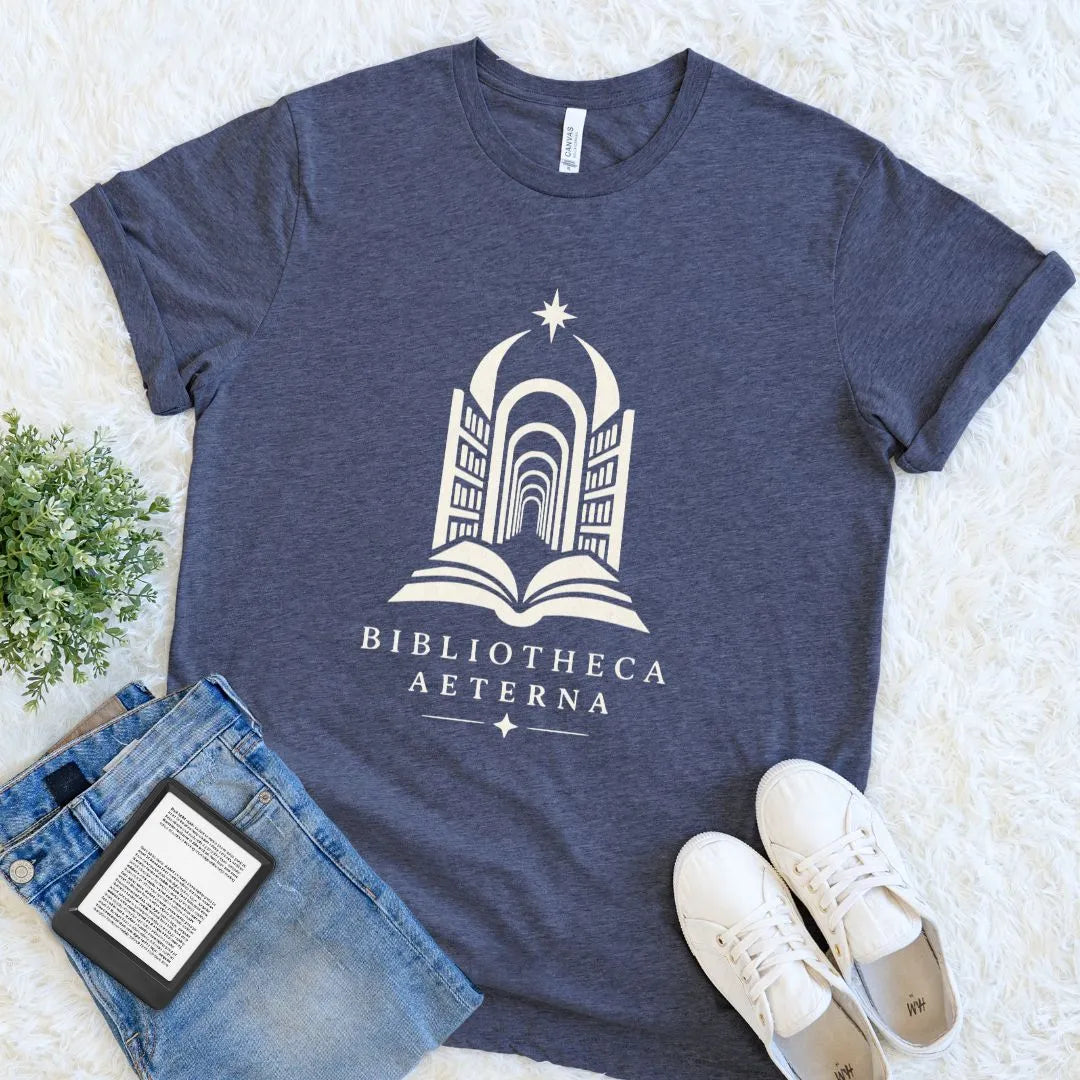 Heather navy Eternal Library T-shirt with vintage ivory arches, crescent moon, and Latin text