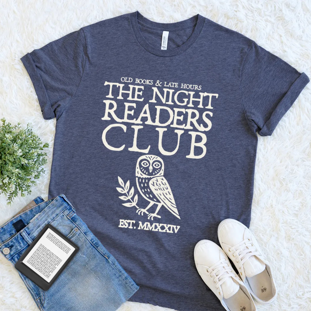 Heather navy book club tee with an antique-style owl emblem for readers who stay up past midnight