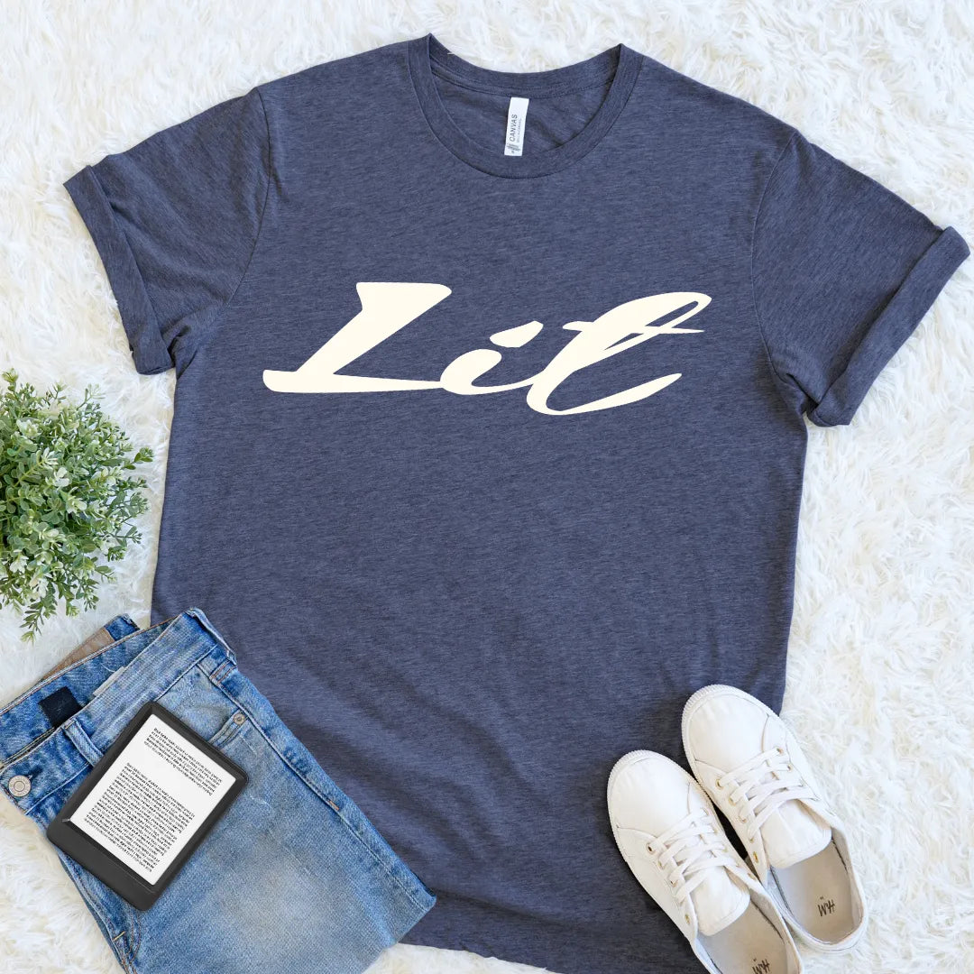 Heather navy literary graphic tee with playful Lit typography for devoted readers and librarians