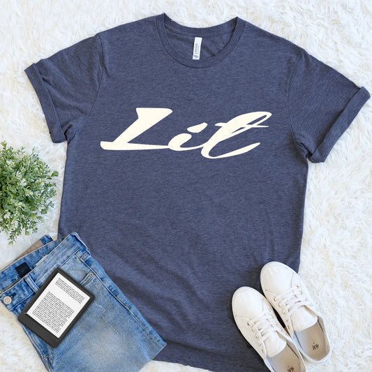 Heather navy literary graphic tee with playful Lit typography for devoted readers and librarians