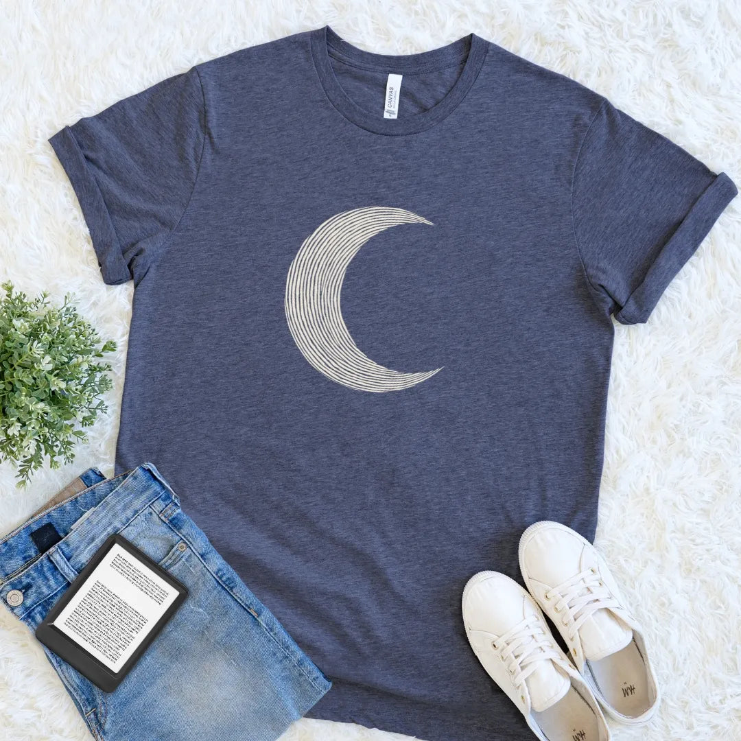 Heather navy minimalist moon shirt styled with delicate curved linework