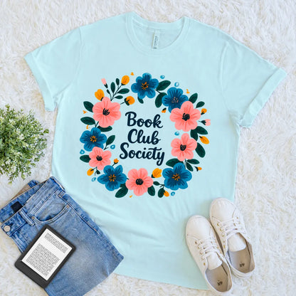 Cozy bookish fashion with floral reading society print in heather ice blue