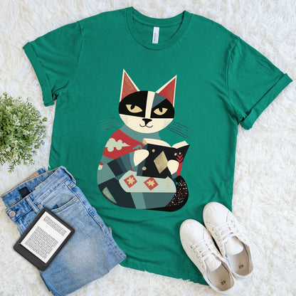 Green T-shirt with stylized cat wearing a sweater and reading