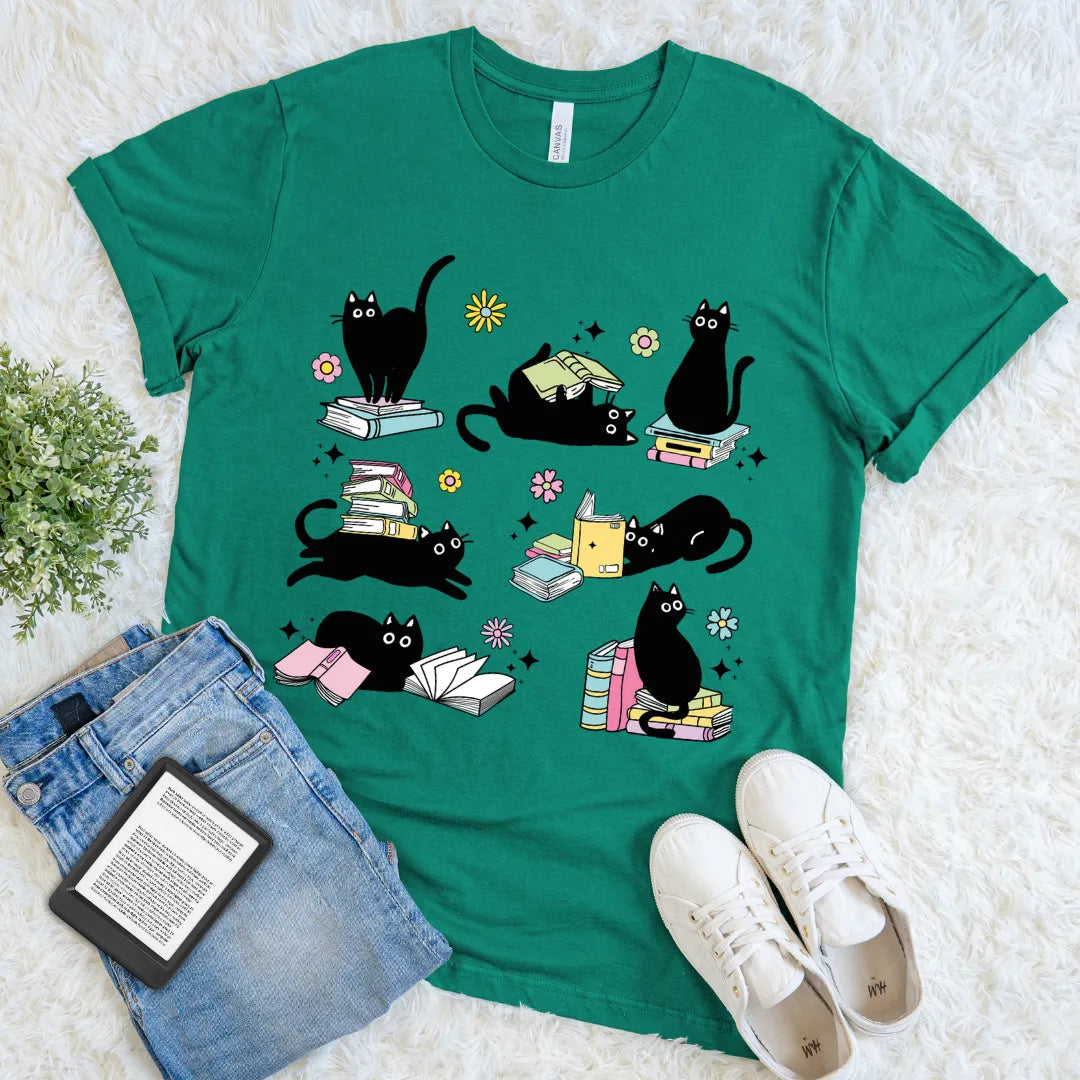 funny bookish cat lover green tee