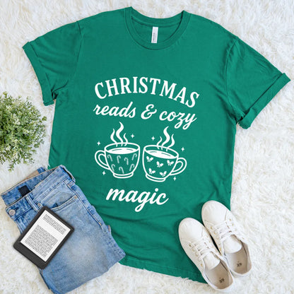 Cozy reader t shirt with Christmas-themed mugs and script text in green