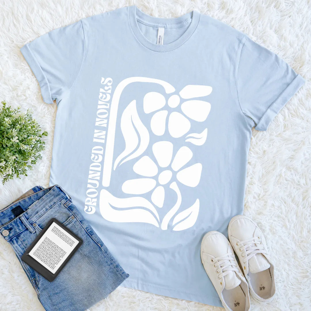 vintage bookish tee with white flower design
