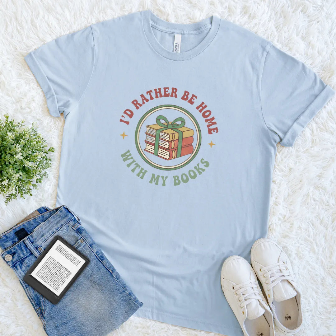 Soft cotton literary t shirt for book-loving homebodies with wrapped books design