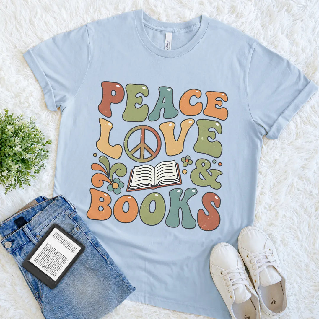 70s inspired literary tee for introverts and readers with “Peace Love & Books” design