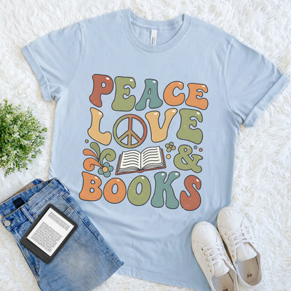 70s inspired literary tee for introverts and readers with “Peace Love & Books” design