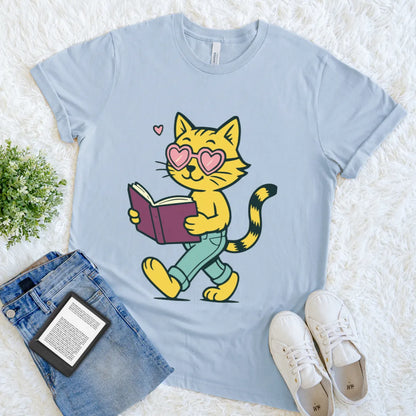 Light blue graphic tee  with cute cartoon  cat reading  in heart sunglasses