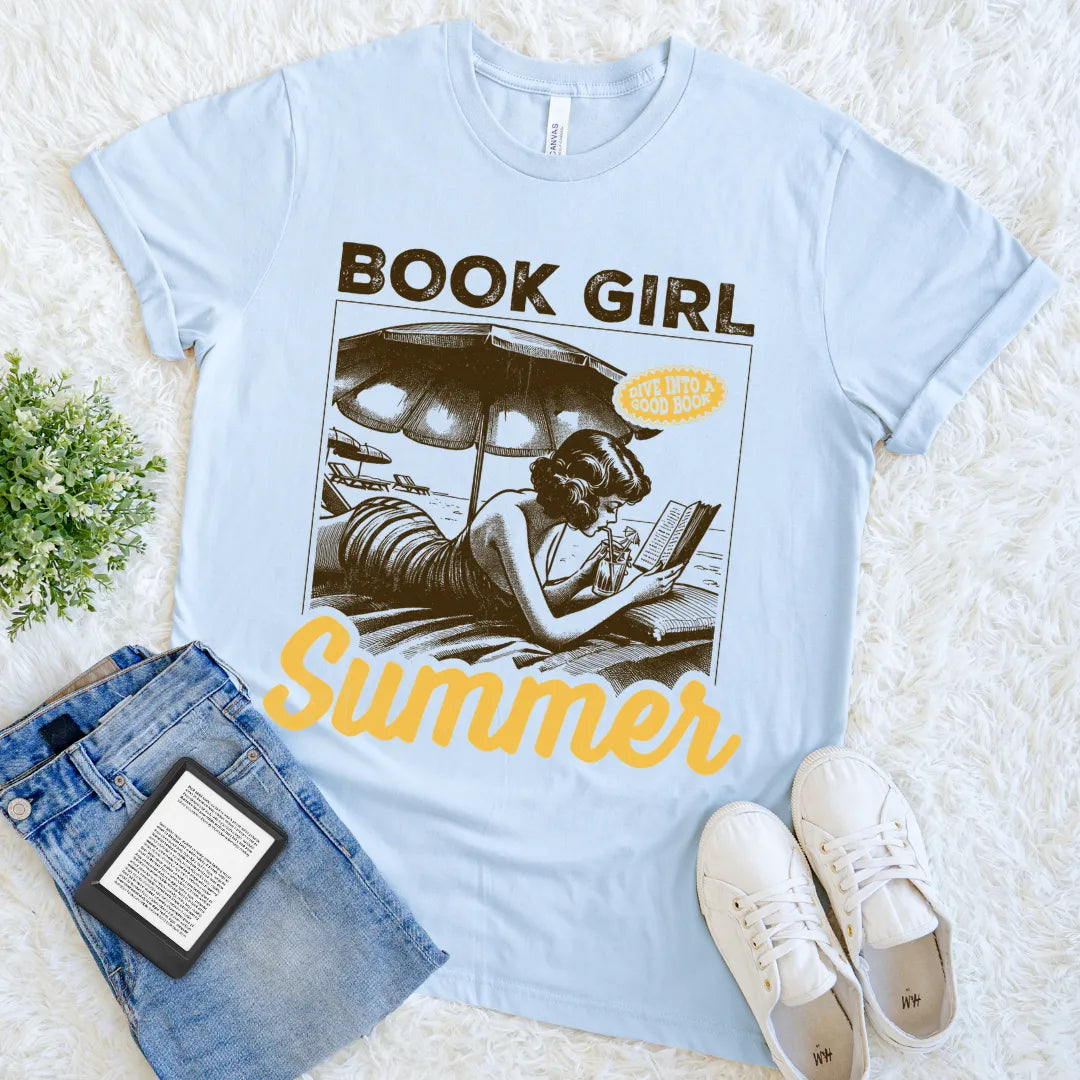retro book girl summer reading tee