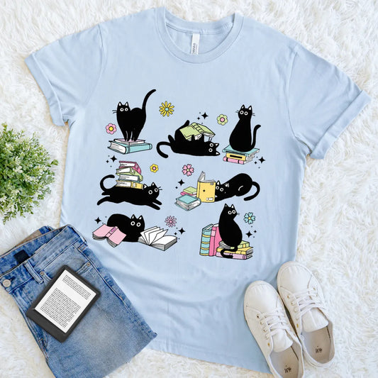 pastel cat and book t-shirt for introverts