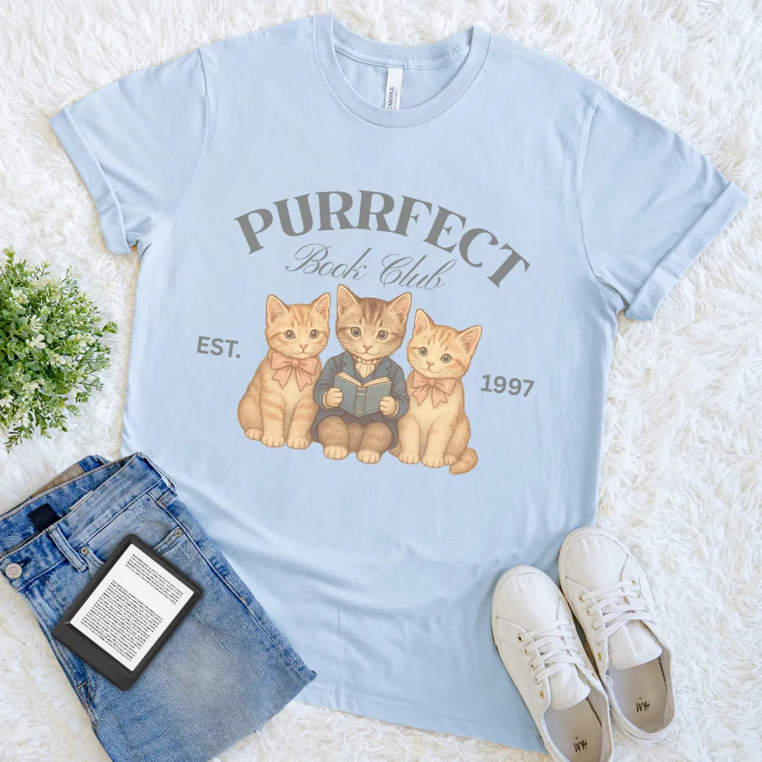purrfect book club shirt with kittens