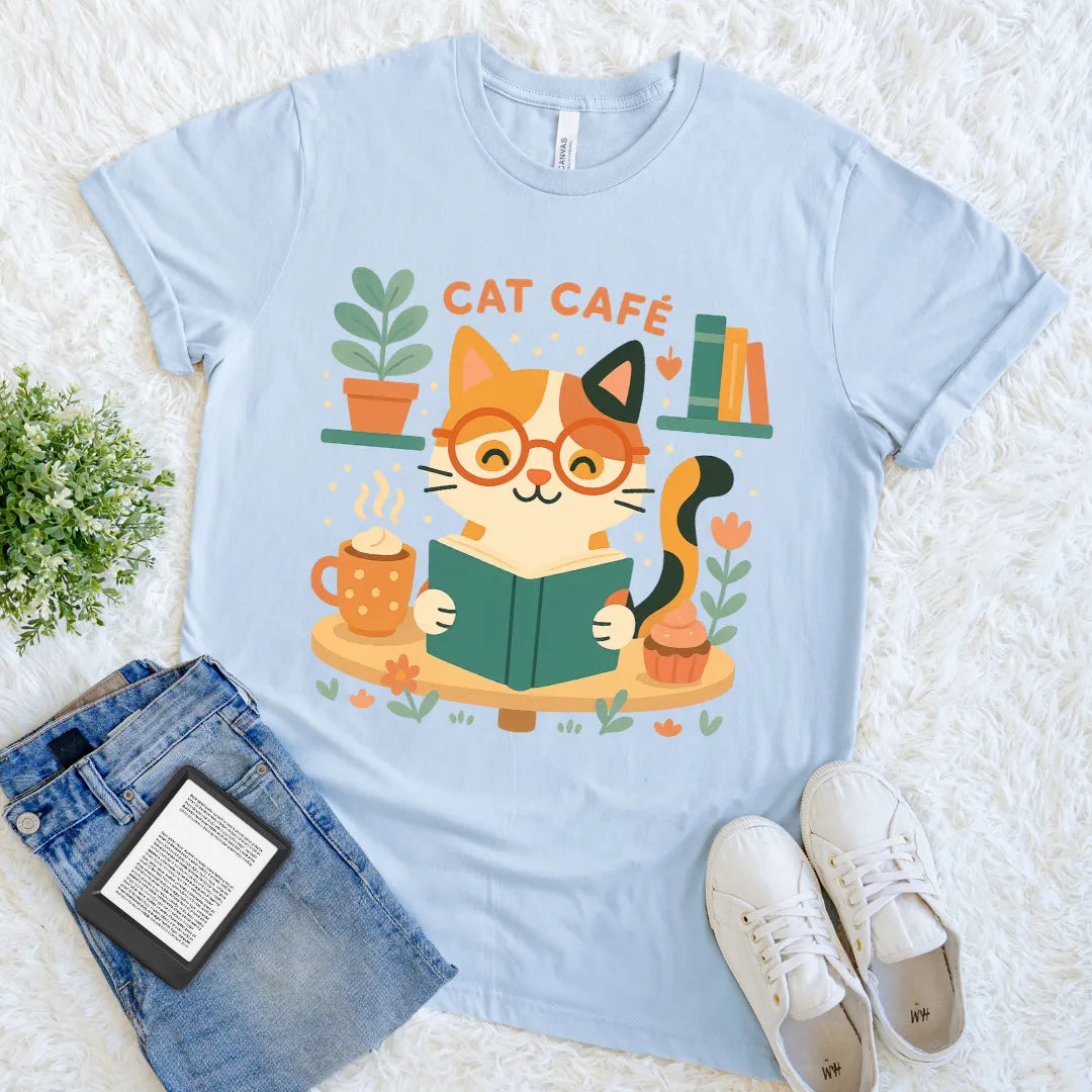 light blue shirt with calico cat in glasses holding an open book on a cat cafe table 