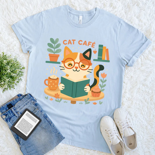 light blue shirt with calico cat in glasses holding an open book on a cat cafe table 