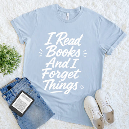 Witty bibliophile shirt with playful typography design in light blue