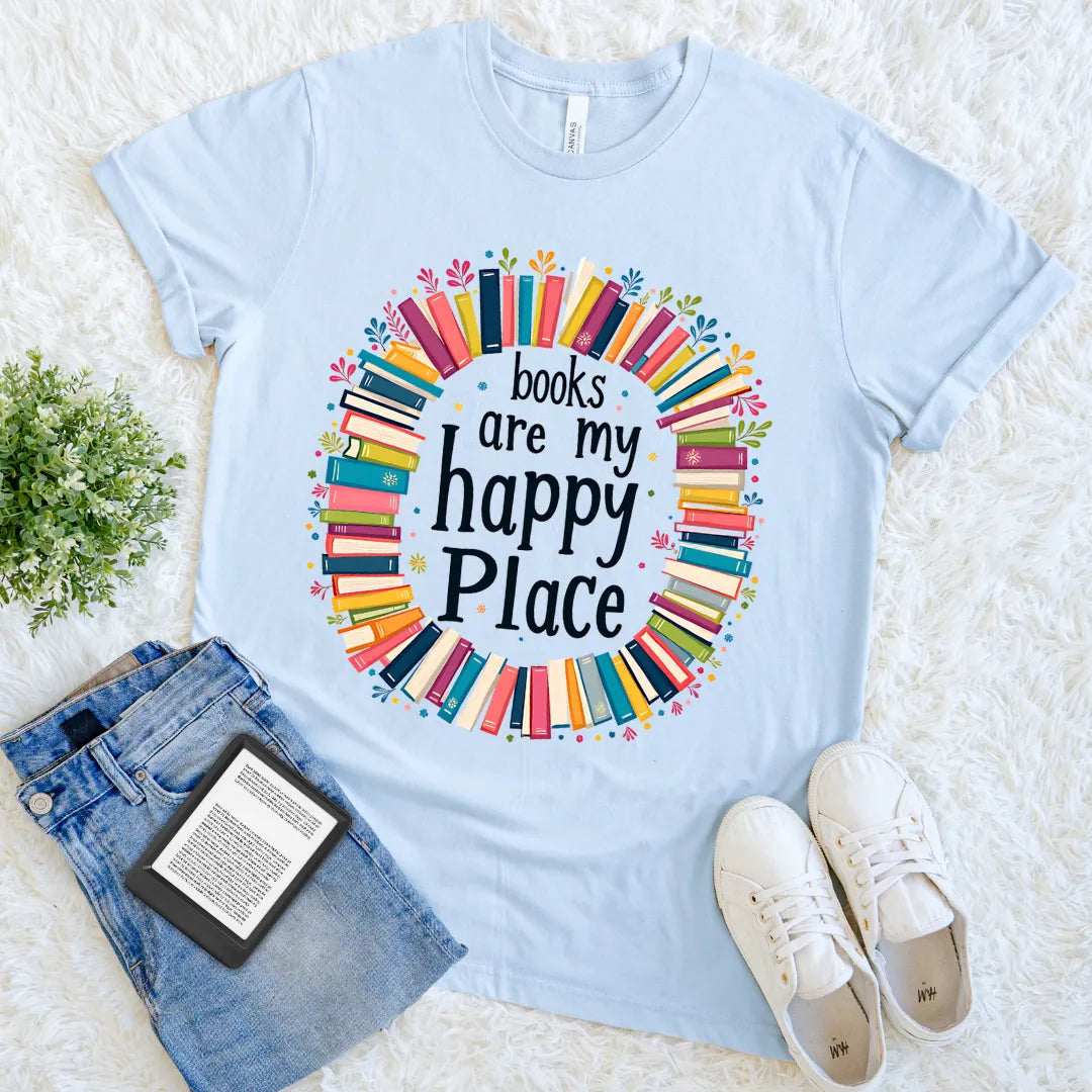 books are my happy place rainbow tee
